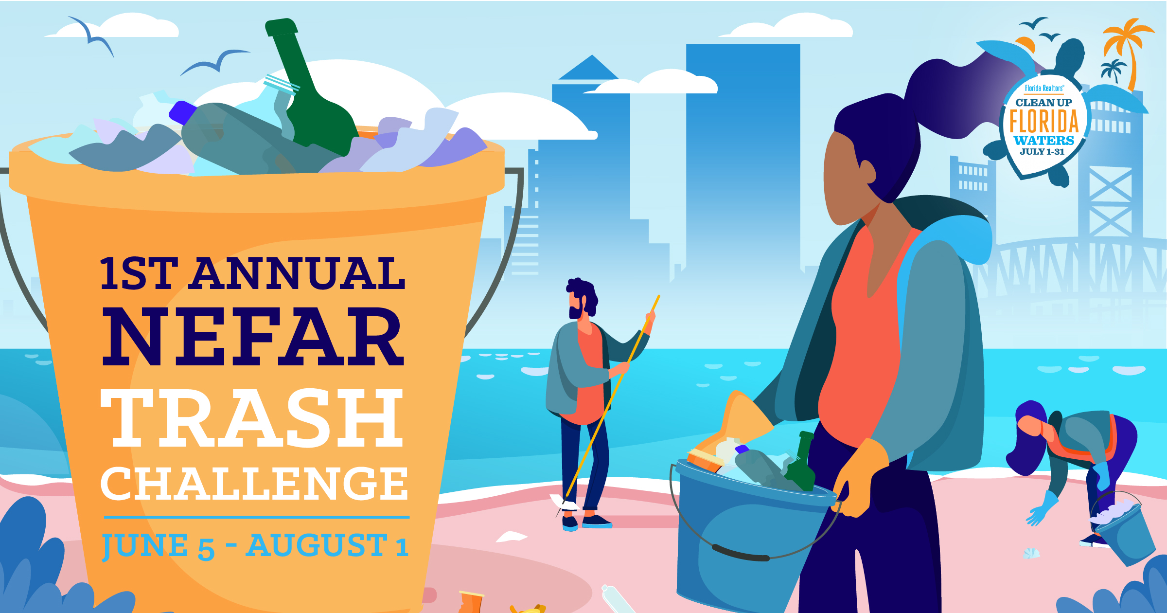 Illustrated graphic promoting the NEFAR Trash Challenge featuring a few people picking up trash along the river.