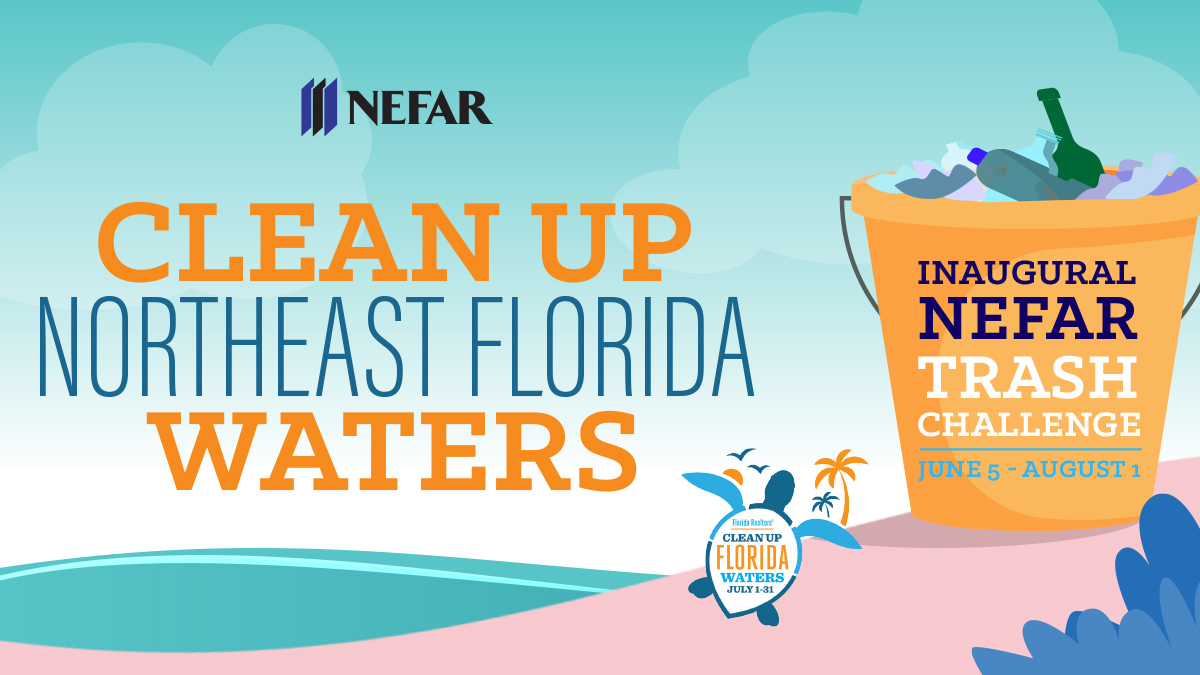 Cleanup Northeast Florida Waters headline next to a bucket filled with trash overlayed on the bucket this the title Inaugural NEFAR Trash Challenge.