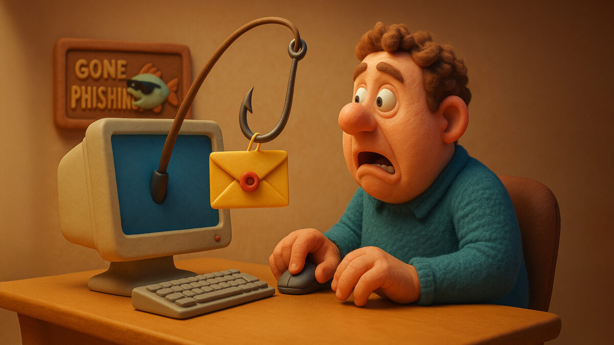Man sitting at computer desk in shock as a giant fishing pole with an evnvelope on it's hook comes thorugh the screen dangling in front of him.