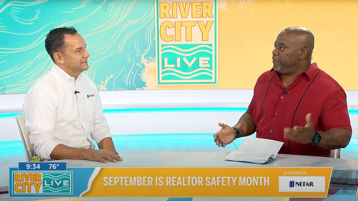 NEFAR president Mario Gonzalez speaking with the host on the set of River City Live.